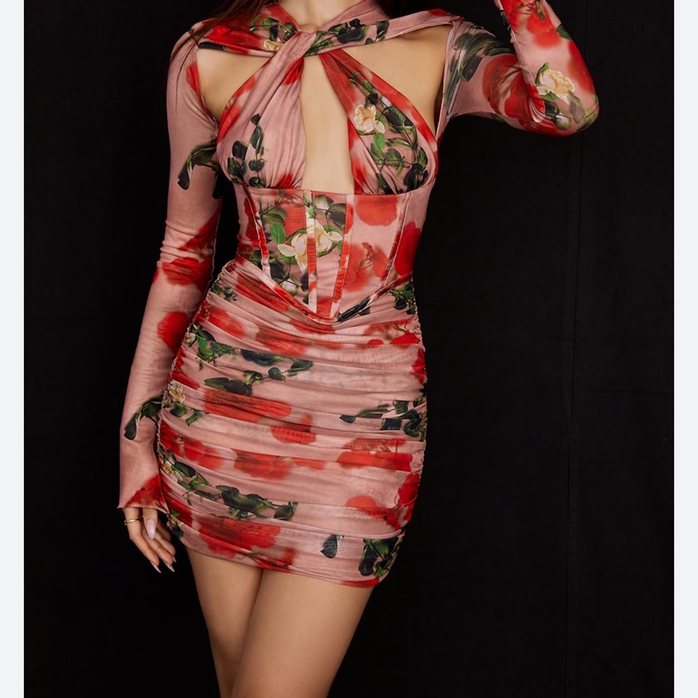 House of CB Red and Pink Floral Long Sleeve Dress